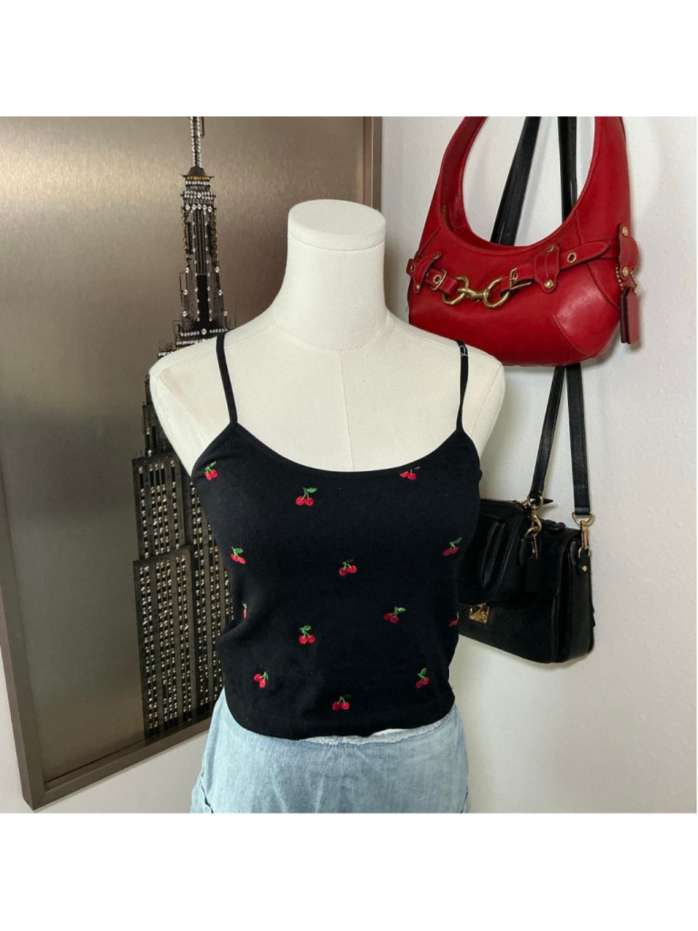 ANWND Black Cherry Embroidered Ribbed Cami Tank Top M/L Y2K